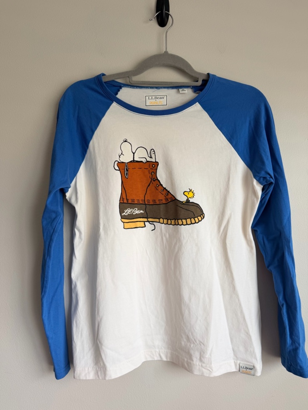 LL Bean x Peanuts Snoopy Woodstock Boot Raglan Sleeve Shirt Blue Womens M Medium